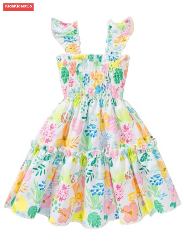Flutter Sleeve Swing Dress Floral Print Square Neck Tiered